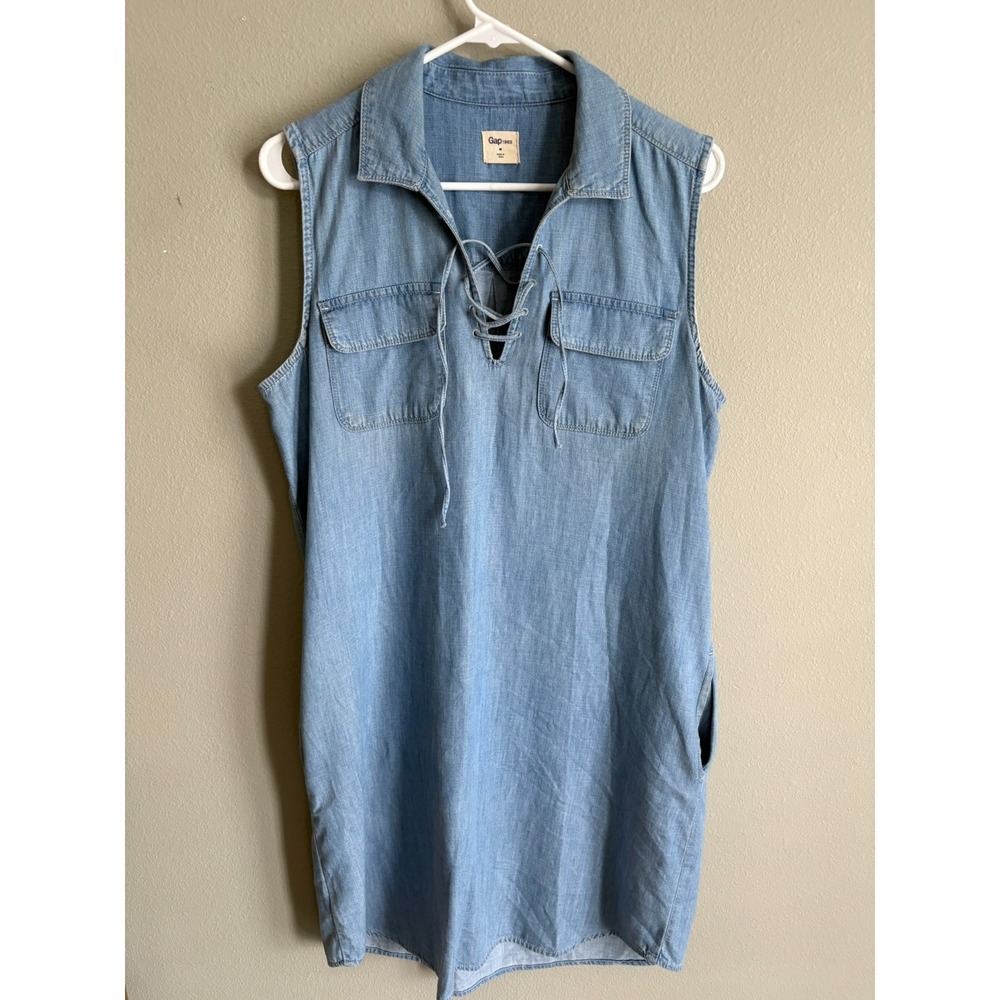Gap 1969 Womens Blue Lace Up Pockets Chambery Rustic Short Shift‎ Dress Size M